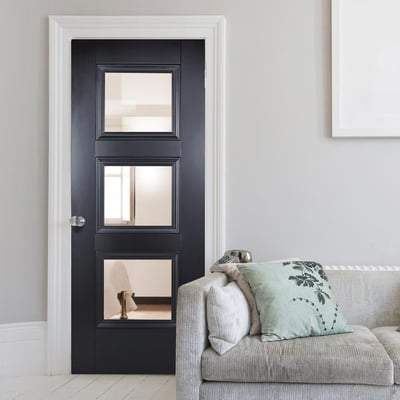 Amsterdam Black Primed 3 Glazed Clear Bevelled Light Panel Interior Door - All Sizes-LPD Doors-Ultra Building Supplies