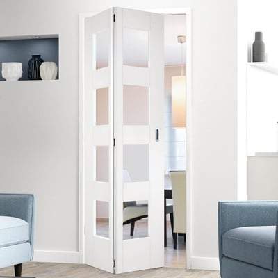 Shaker White Primed Bi-Fold 4 Glazed Clear Light Panels Interior Door - All Sizes-LPD Doors-Ultra Building Supplies